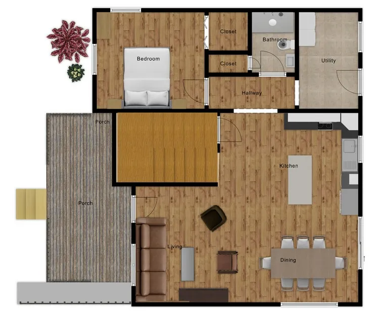 Main floor plan: front porch with ramp, queen bedroom, bathroom with walk-in shower, utility room, kitchen, living and dining areas