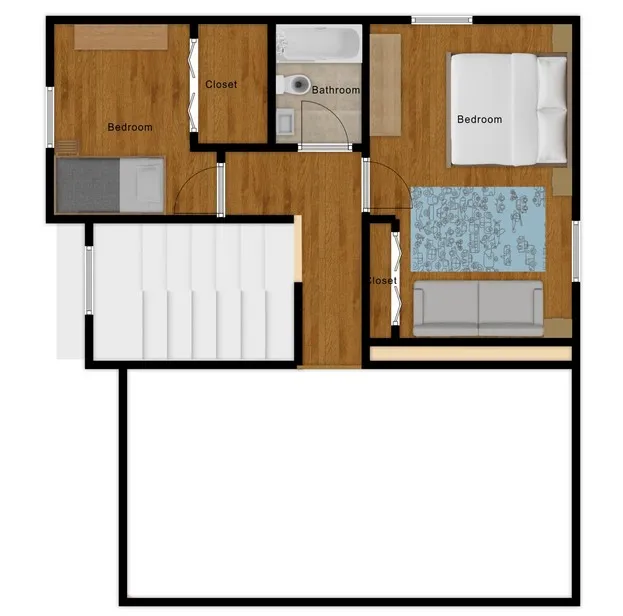Upper floor plan: bunk room, bathroom, and king bedroom with a sofa bed