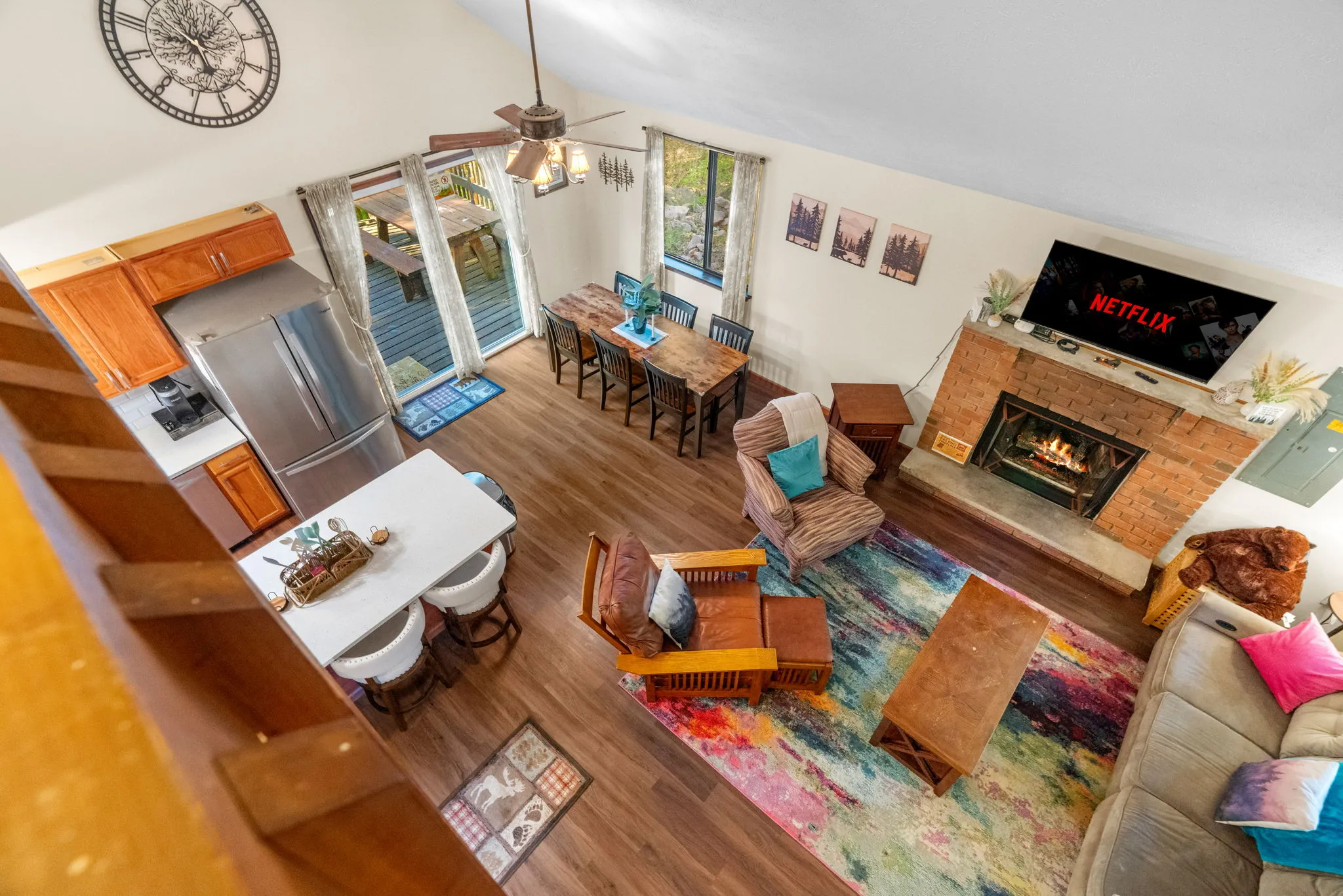 Overhead view of the open living room and kitchen